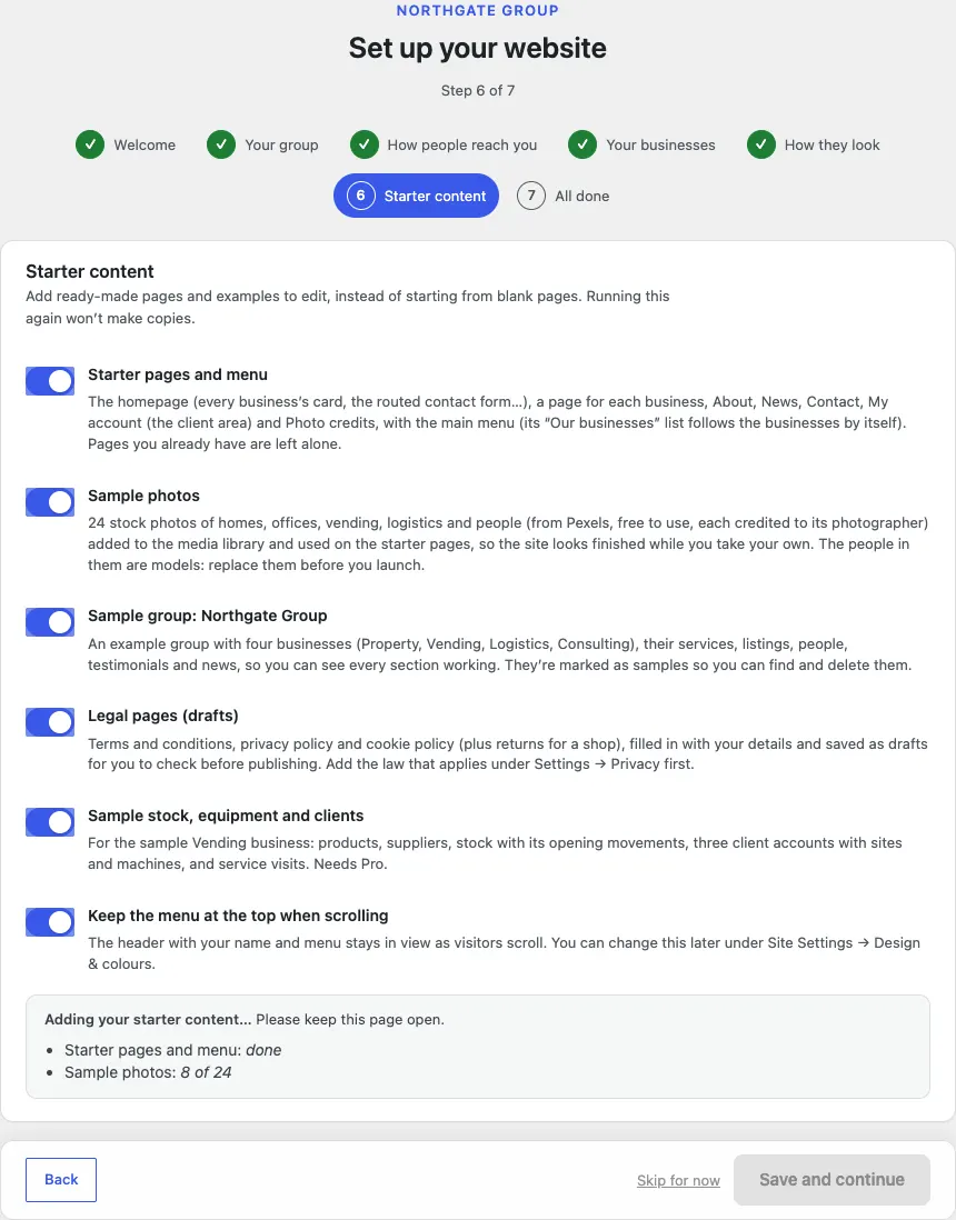 Step 6 of 7, Starter content while it works: the switches and buttons greyed out, and under them the box "Adding your starter content… Please keep this page open." with the lines Starter pages and menu: done and Sample photos: 8 of 24