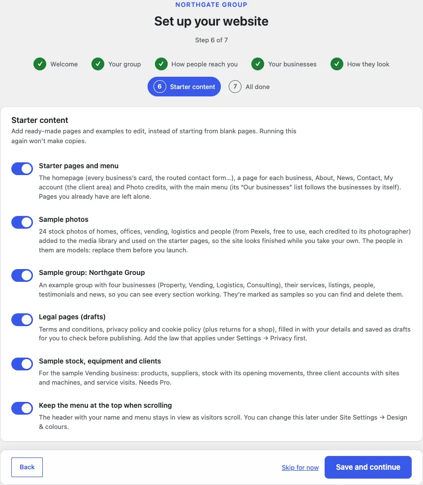 Step 6 of 7, Starter content, with switches for Starter pages and menu, Sample photos, Sample group: Northgate Group, Legal pages (drafts), Sample stock, equipment and clients, and Keep the menu at the top when scrolling