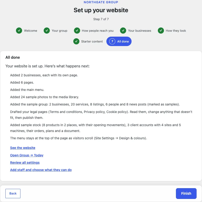 Step 7 of 7, All done: Added 2 businesses, each with its own page, Added 6 pages, Added the main menu, Added 24 sample photos to the media library, Added the sample group: 2 businesses, 20 services, 8 listings, 6 people and 8 news posts (marked as samples), Drafted your legal pages (Terms and conditions, Privacy policy, Cookie policy), Added sample stock (8 products in 2 places, with their opening movements), 3 client accounts with 4 sites and 5 machines, their orders, plans and a document, The menu stays at the top of the page as visitors scroll (Site Settings → Design & colours), followed by four links