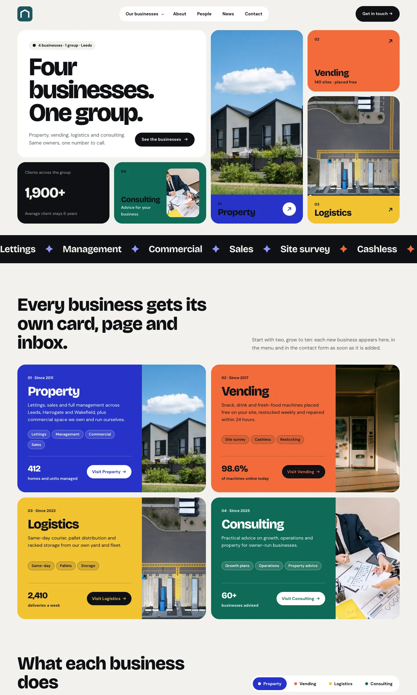 The new Northgate home page: a mosaic of coloured cards for Property, Vending, Logistics and Consulting next to the headline "Four businesses. One group.", a band of service names, then a large card for each business with a short description and a Visit button