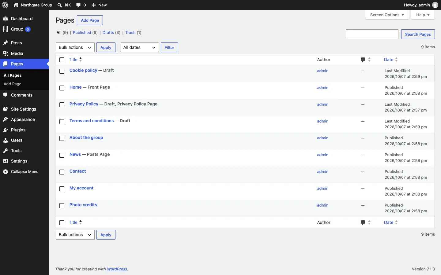 The Pages list after the wizard, with Home marked Front Page, About the group, News, Contact, My account and Photo credits, and the legal pages as drafts