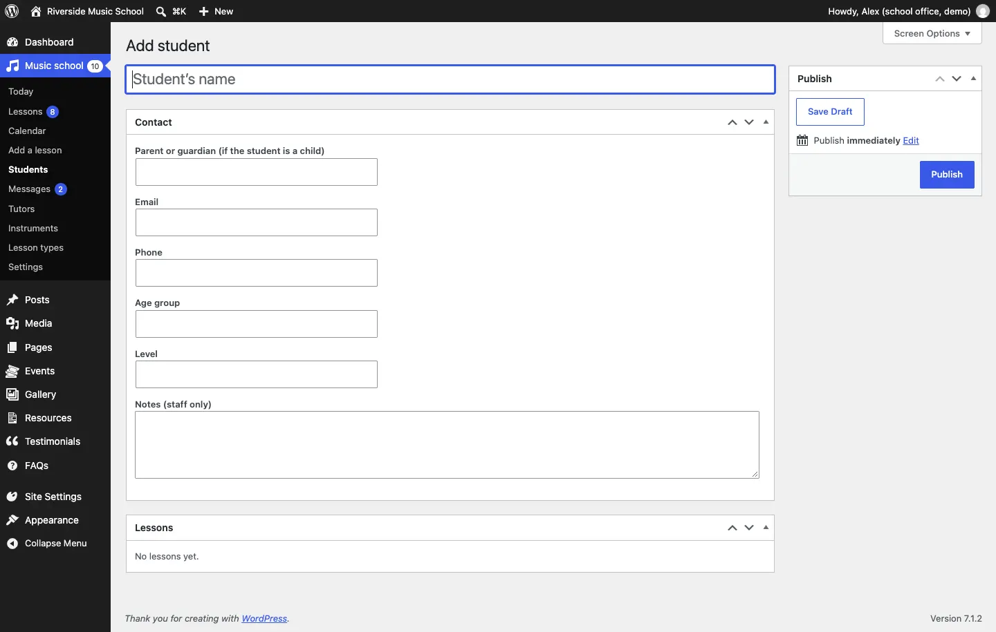 The Add student screen with the Student's name box and the Contact box