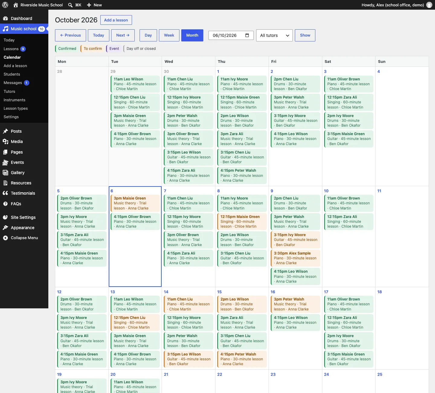 The calendar's month view for October 2026, with each day's lessons as green confirmed and orange to-confirm boxes, and today outlined