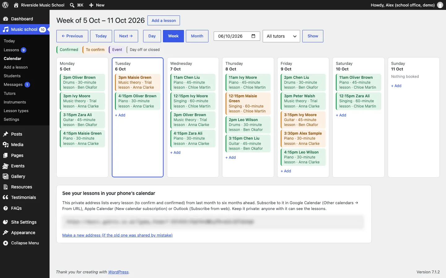 The calendar's week view for 5 to 11 October 2026: each day with its lessons, for example "3pm Ivy Moore, Music theory · Trial lesson · Anna Clarke", a + Add link under each day, and Sunday showing Nothing booked