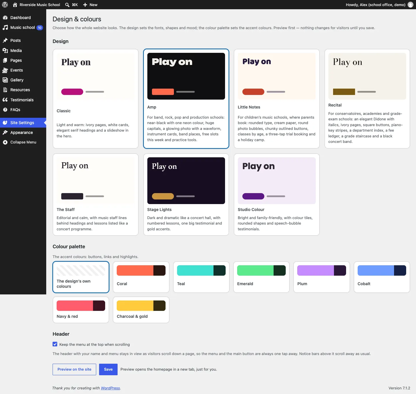 The Design & colours screen, with the seven designs (Classic, Amp, Little Notes, Recital, The Staff, Stage Lights and Studio Colour) as cards with descriptions, the colour palette choices below, the sticky header switch and the Preview on the site and Save buttons
