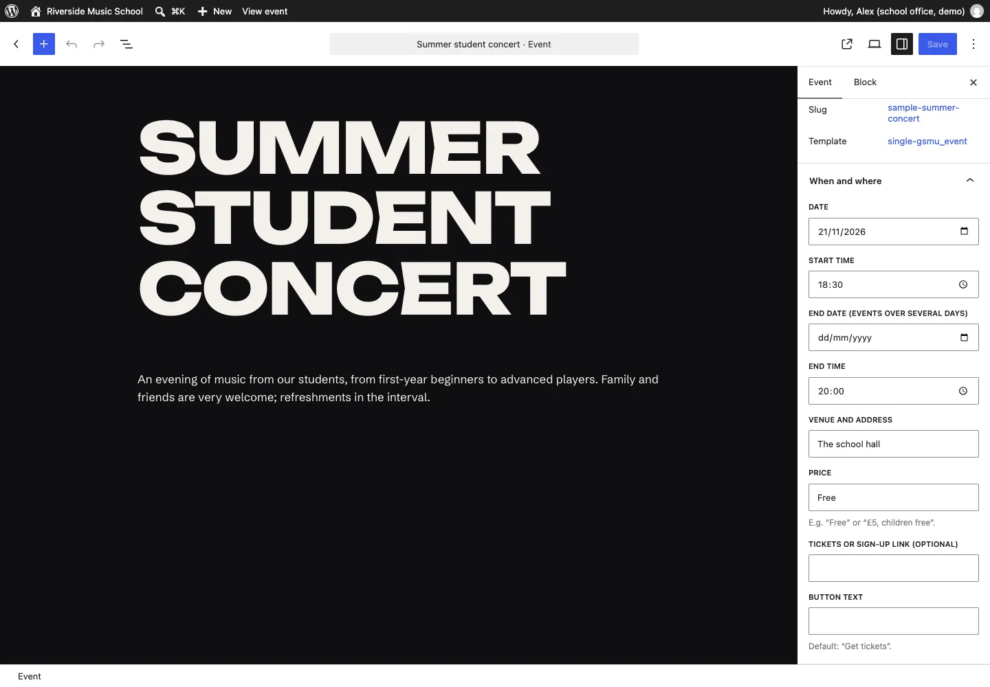 Editing the Summer student concert: the event text on the left, and on the right the featured image, status and the When and where panel with date, times, venue, price and tickets link