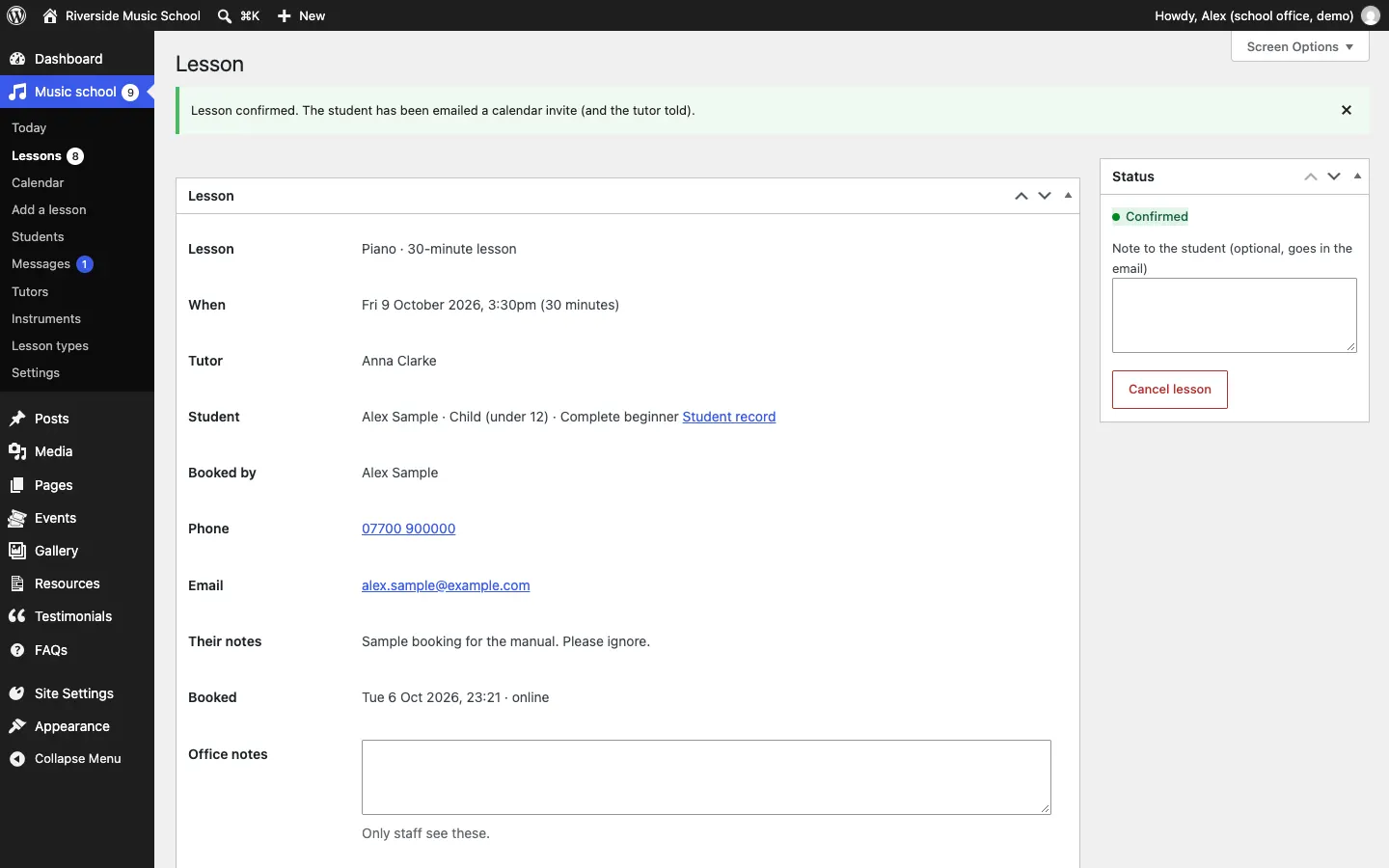 The lesson after confirming: the message "Lesson confirmed. The student has been emailed a calendar invite (and the tutor told)." and the Status box now showing Confirmed with a Cancel lesson button