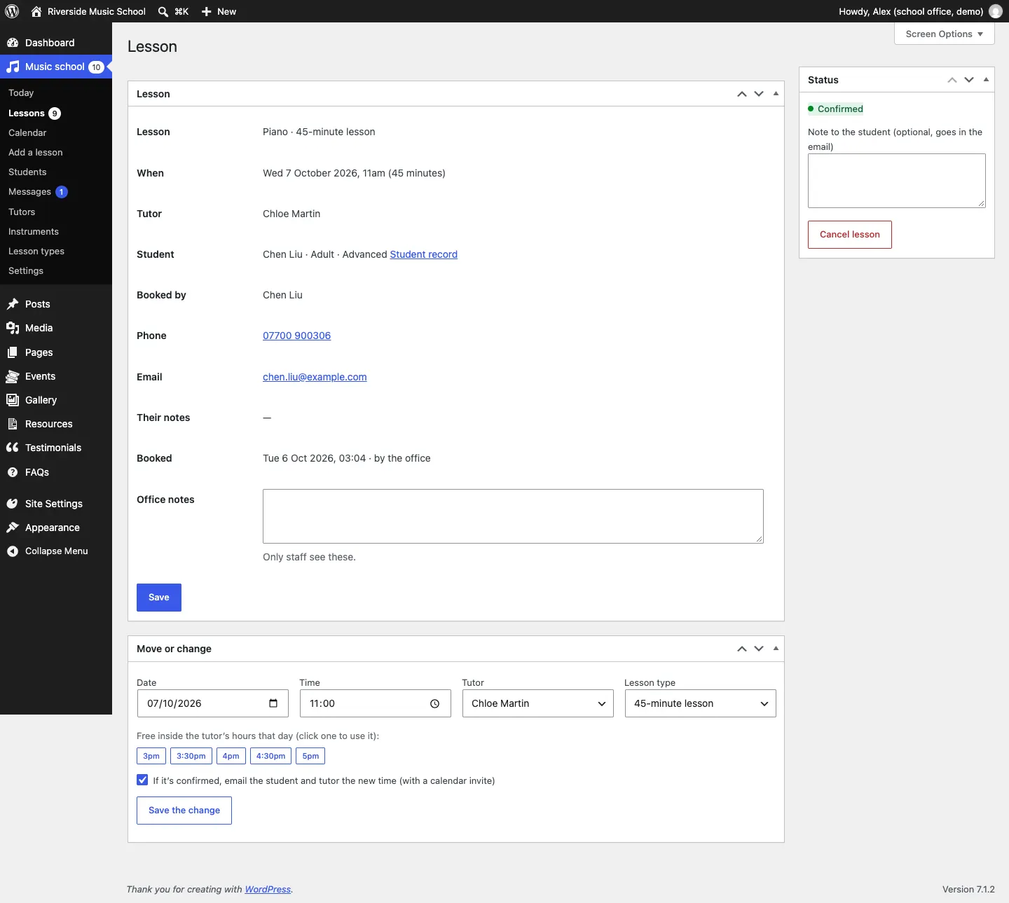 A confirmed lesson with the Move or change box: Date, Time, Tutor and Lesson type, the free times that day as buttons, the email tick box and the Save the change button