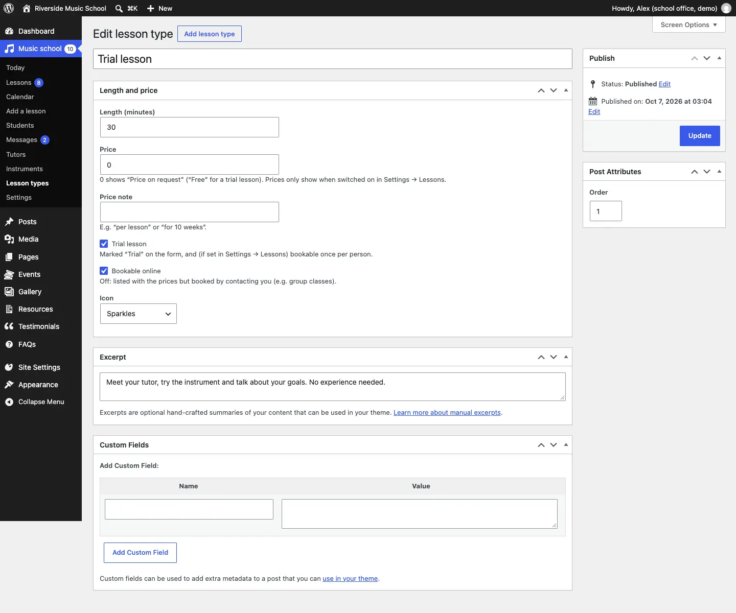 Editing the Trial lesson: the Length and price box with Length (minutes), Price, Price note, the Trial lesson and Bookable online switches, and the Icon choice