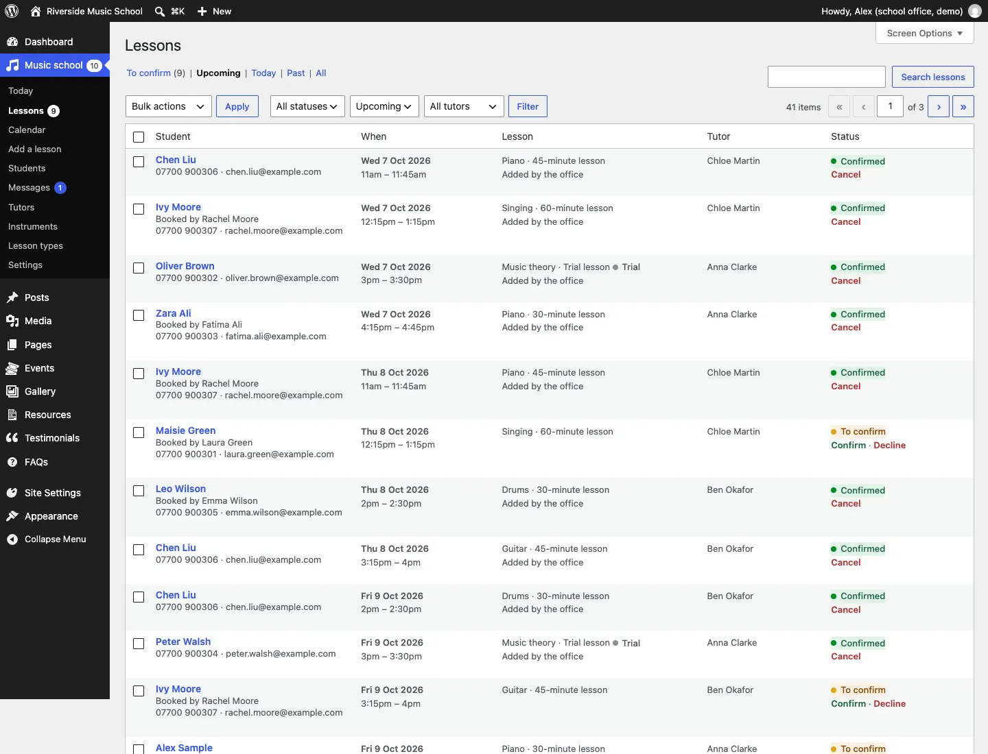 The Lessons list: rows for Chen Liu, Ivy Moore (booked by Rachel Moore), Oliver Brown, Zara Ali and others, each with when, the lesson, the tutor and the status, Confirmed rows with a Cancel link and To confirm rows with Confirm and Decline links. Along the top: To confirm (8), Upcoming, Today, Past and All, and menus for Status, When and Tutor