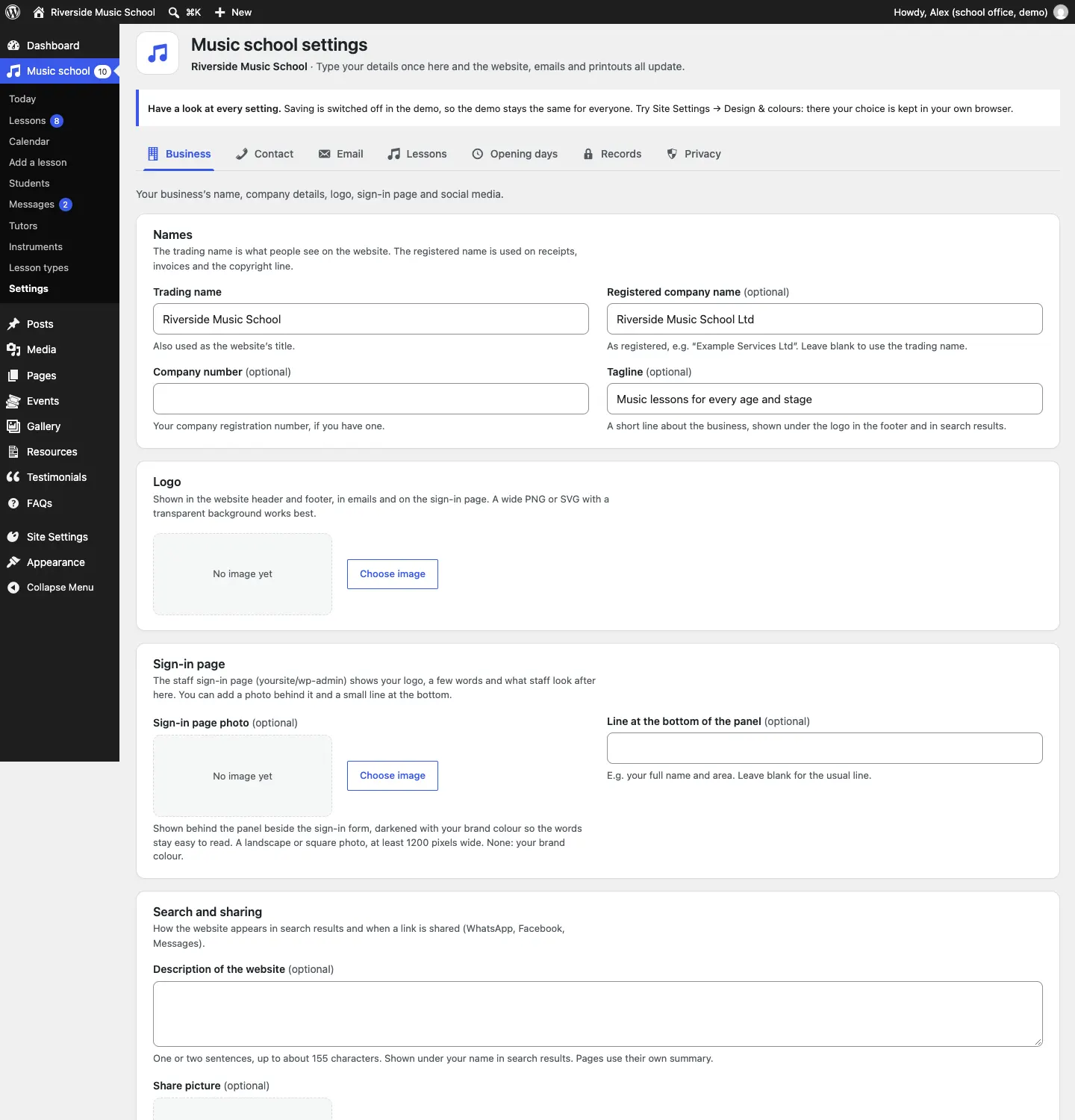 The Business tab: Names with the trading name, registered company name, company number and tagline, the Logo, the Sign-in page photo and bottom line, Search and sharing, and the social media links