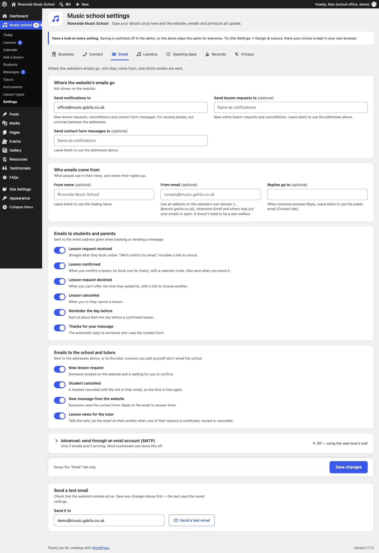 The Email tab: Send notifications to, Send lesson requests to and Send contact form messages to, the From name, From email and Replies go to boxes, the list of emails to students and parents and to the school and tutors with a switch for each, the SMTP option and Send a test email