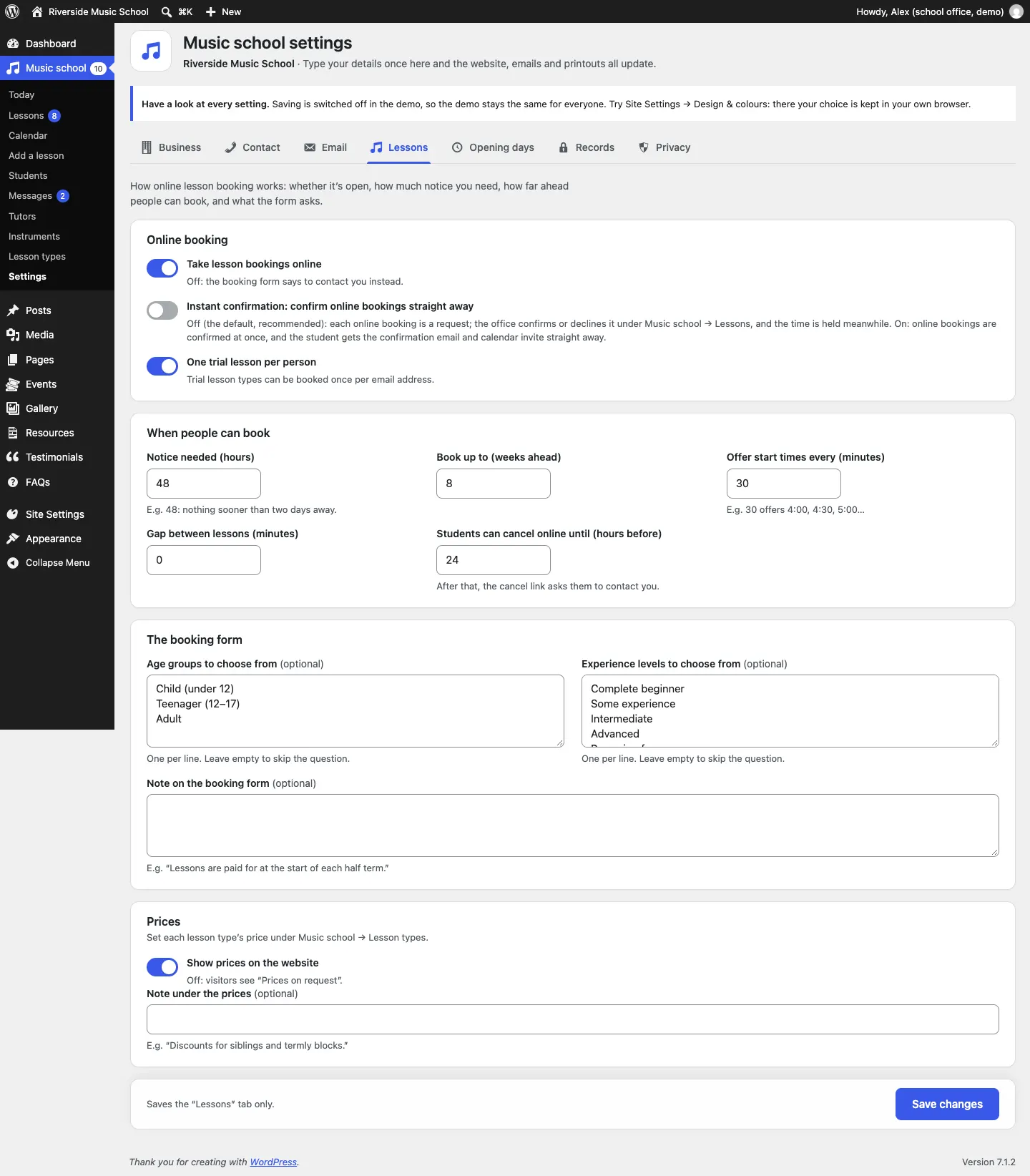 The Lessons tab: the Online booking switches, the When people can book numbers, the booking form questions and note, and the Prices switch and note