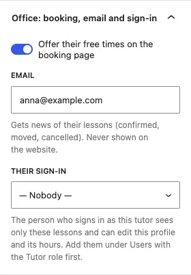 The Office panel: the switch Offer their free times on the booking page, the Email box with anna@example.com, and Their sign-in set to Nobody