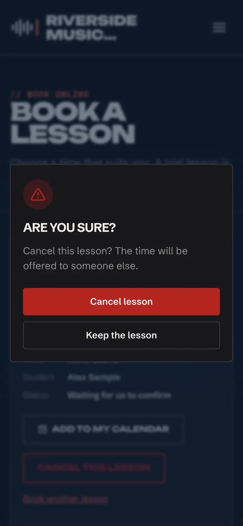 The box that appears on a phone after pressing Cancel this lesson: "Are you sure?", "Cancel this lesson? The time will be offered to someone else.", a red Cancel lesson button and a Keep the lesson button