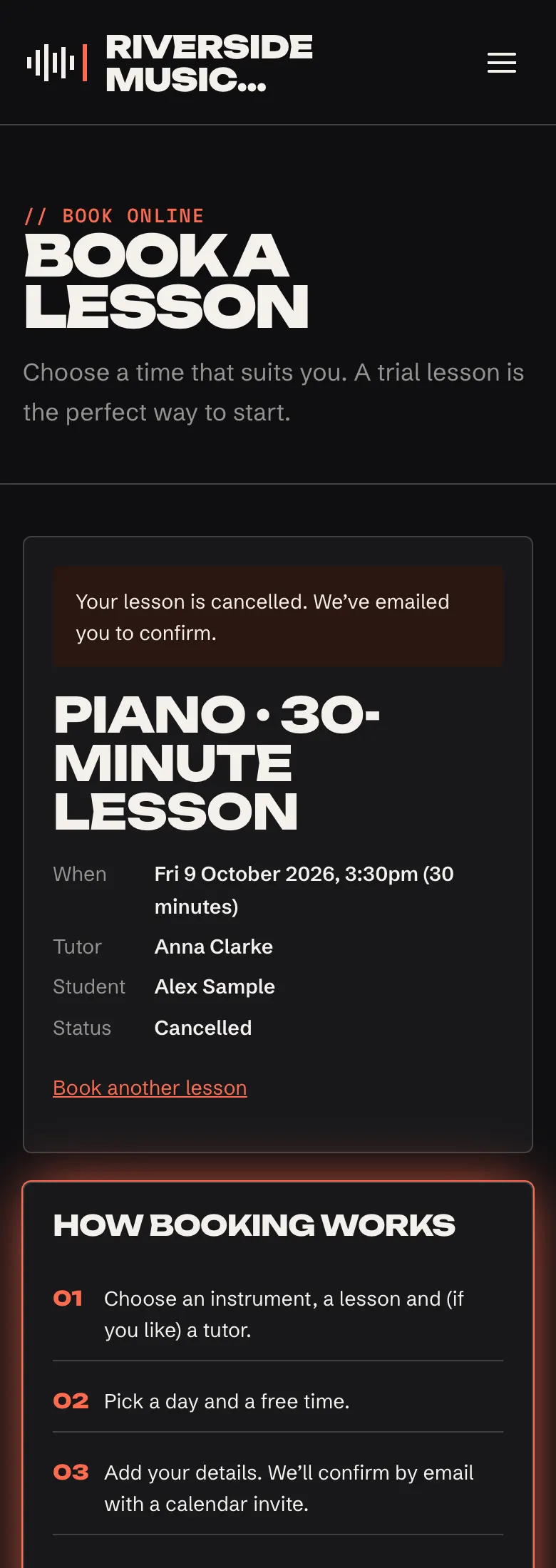 The lesson page on a phone after cancelling: Status Cancelled and a Book another lesson link