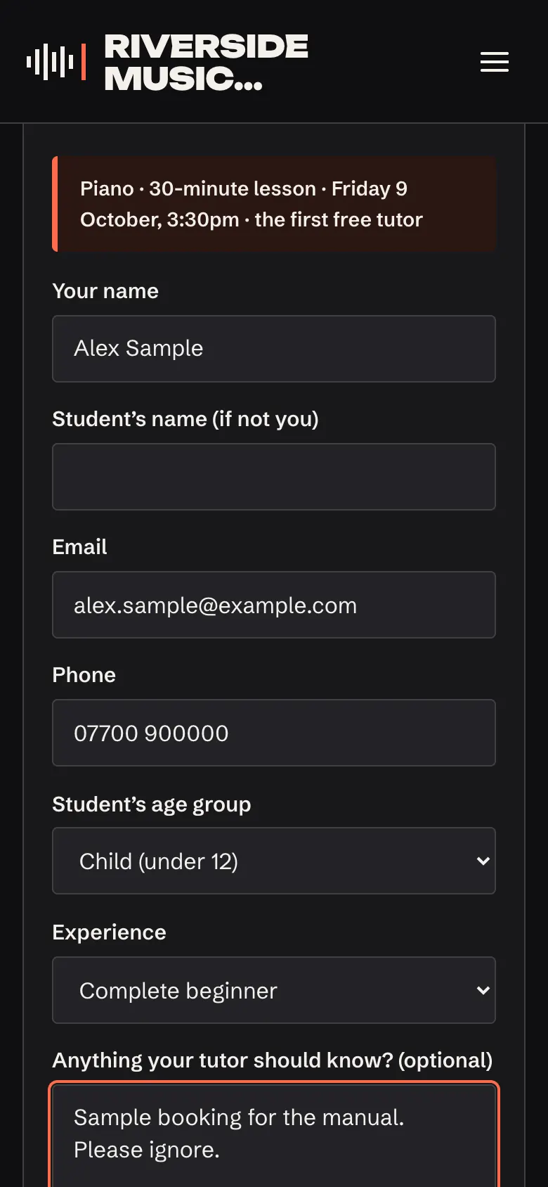 Step 3 on a phone: the summary of the chosen lesson, then Your name filled in as Alex Sample, and the email, phone and notes boxes