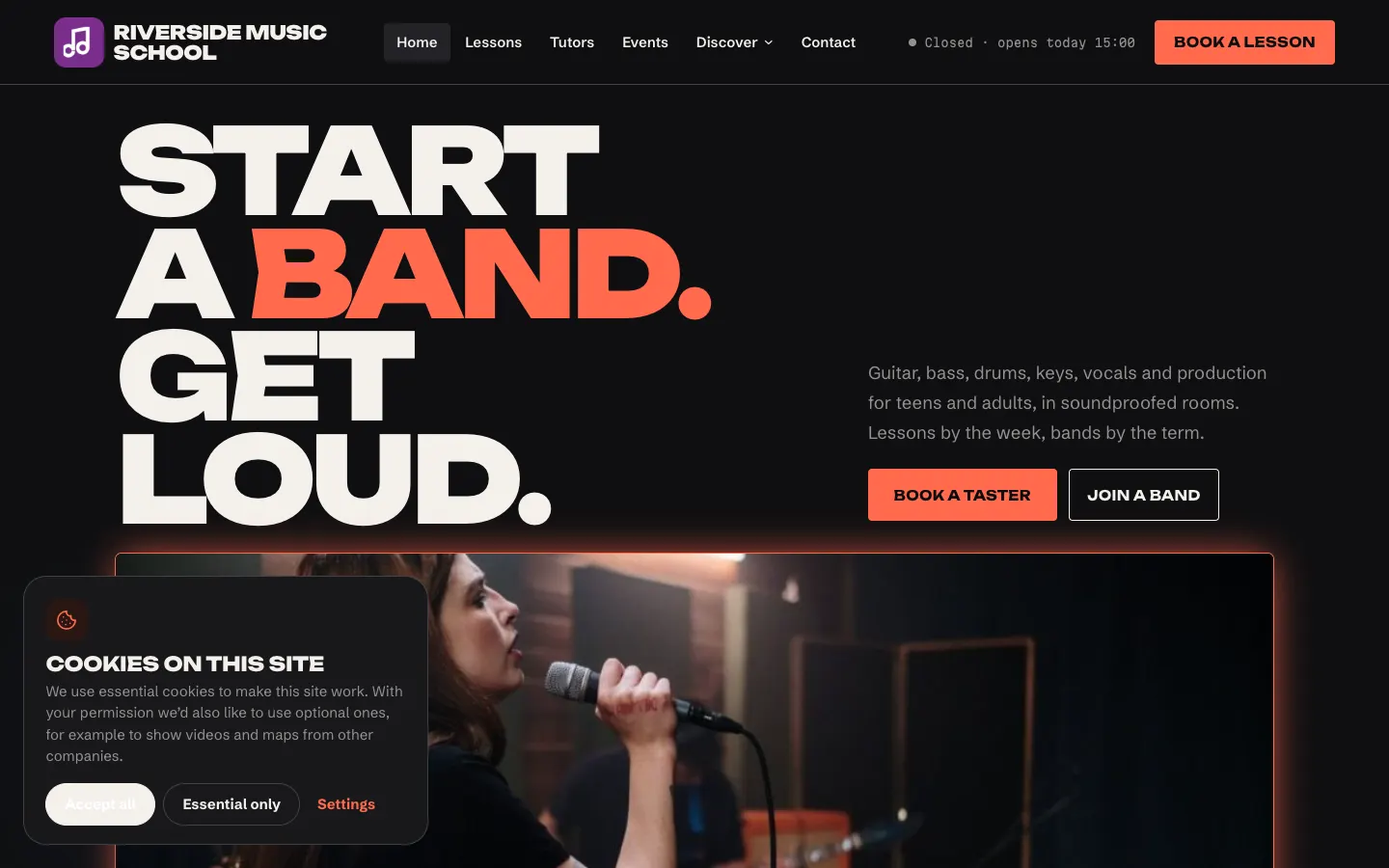 The sample Music home page with the cookie banner at the bottom left: "Cookies on this site. We use essential cookies to make this site work. With your permission we'd also like to use optional ones, for example to show videos and maps from other companies." with Accept all, Essential only and Settings buttons