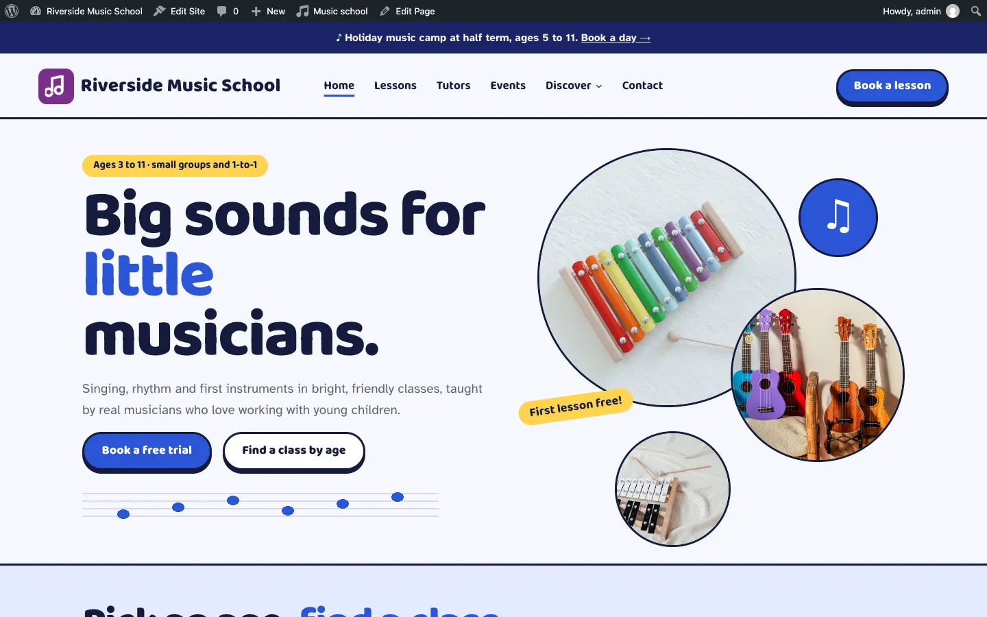 The home page previewed in a new tab in the Notes design with the Cobalt palette, before saving