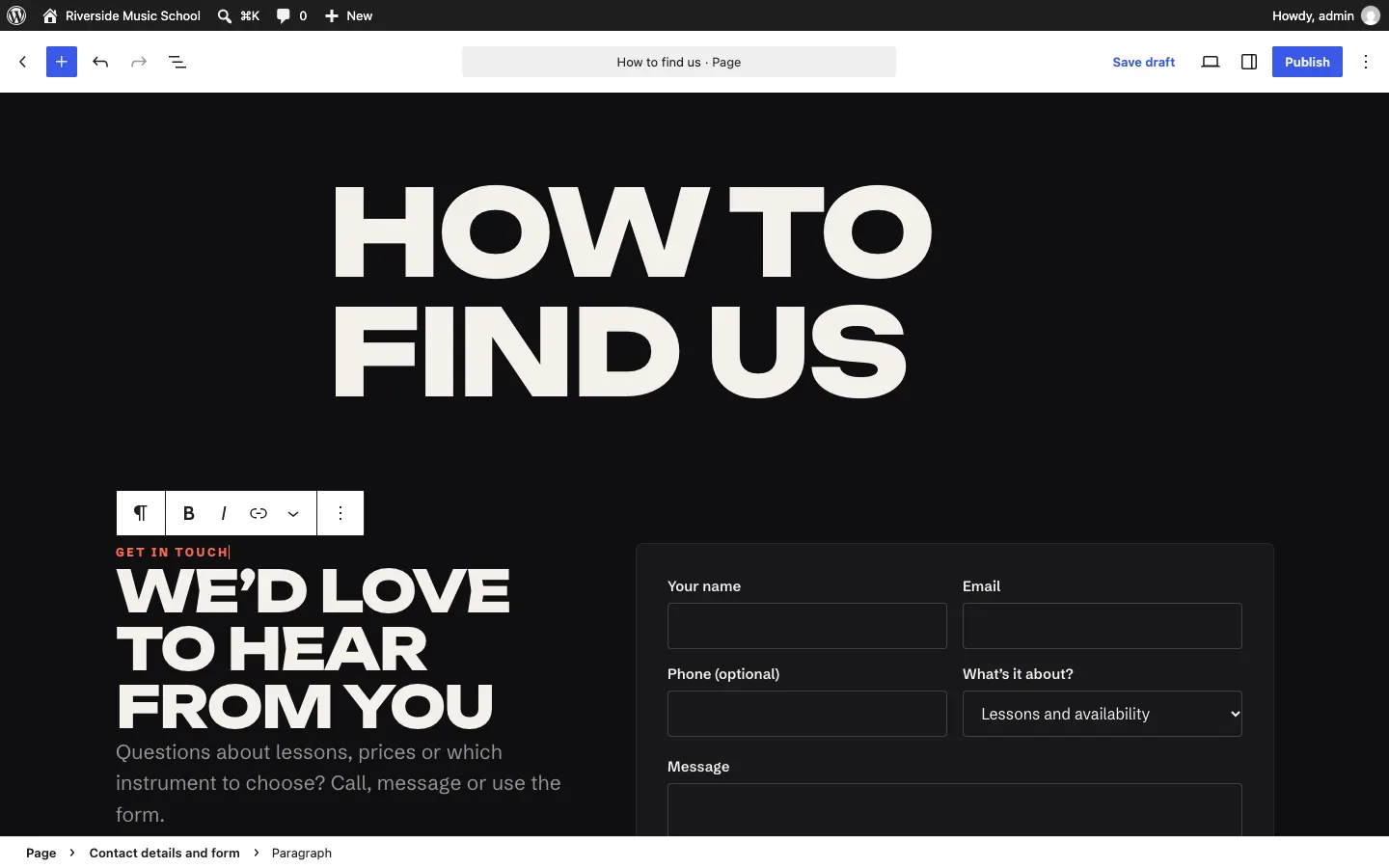 A page open in the editor with a paragraph selected: a small toolbar above it shows the paragraph, bold, italic and link buttons, and the address and contact details in the section fill themselves in from the settings