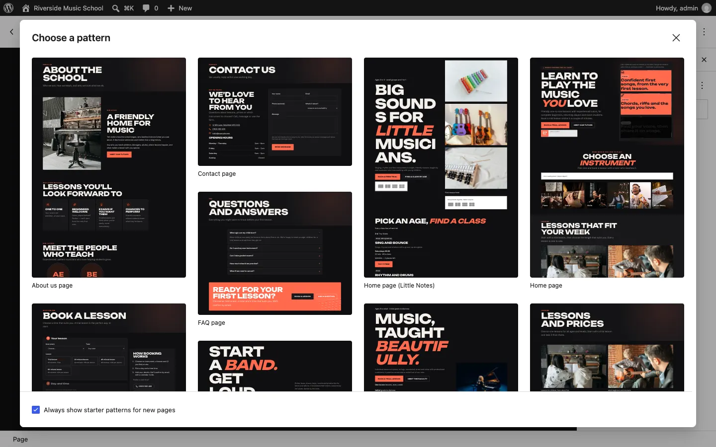 The Choose a pattern box (Clinic, Church and Music) with the kit's ready-made page layouts, such as an About page, a Contact page and the Home page, and a ticked box "Always show starter patterns for new pages"