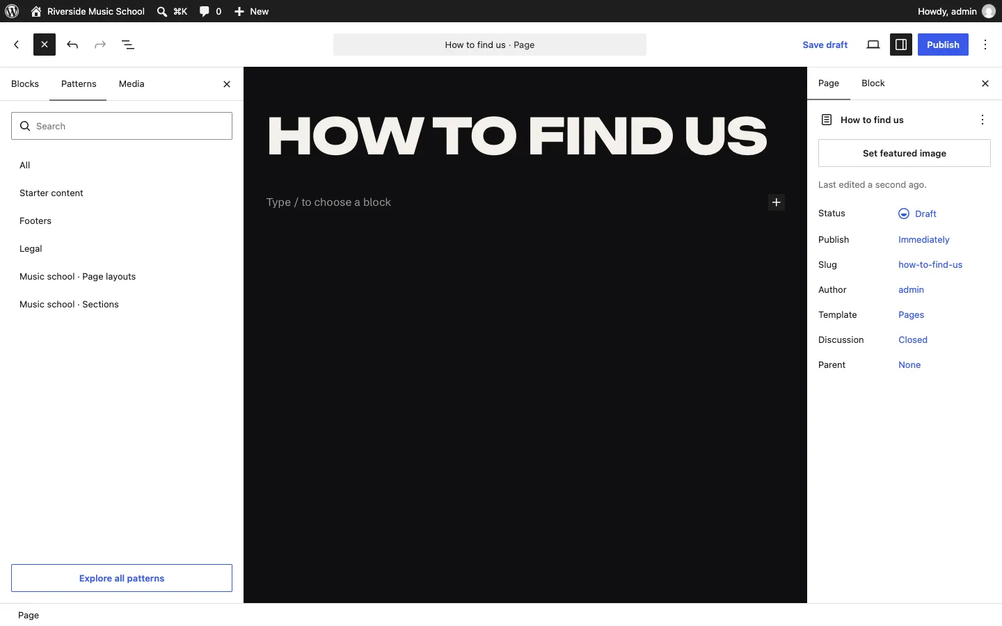 The Patterns tab listing All, Starter content, the Music kit's own categories ending in Page layouts and Sections, Footers and Legal, with an Explore all patterns button