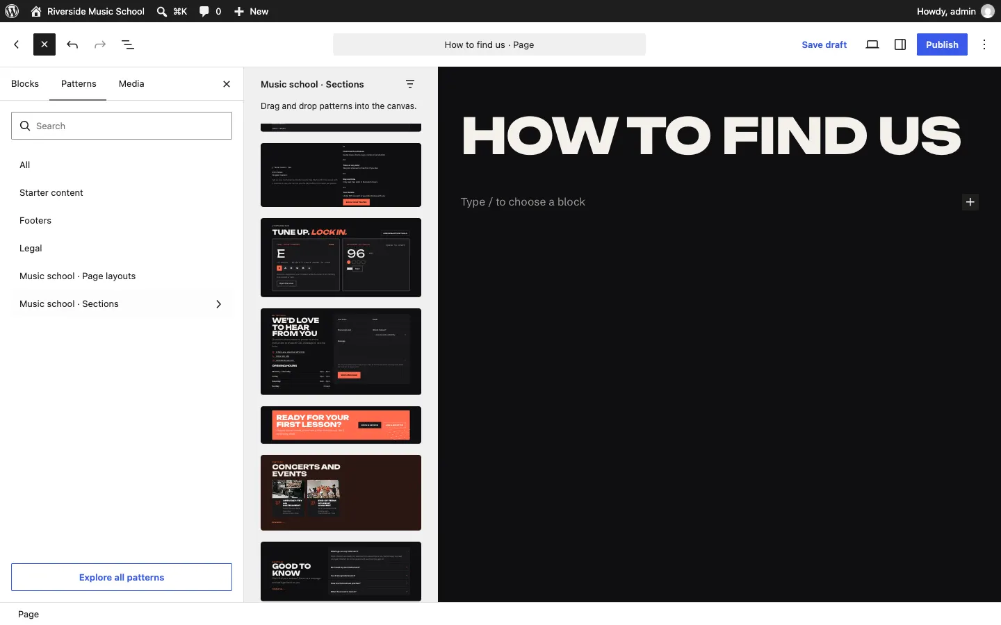 The previews of the Music kit's Sections category on the left, with the page on the right