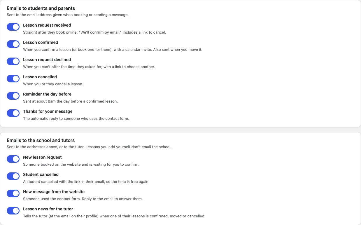 The Emails to students and parents and Emails to the school and tutors cards, with a switch for each email and a line saying who gets it and when, all switched on