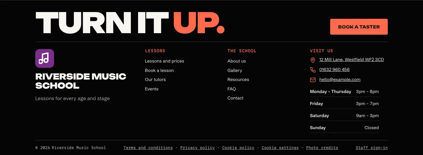 The footer of the sample Music website: the tagline and contact details, columns of links, and a bottom line with the © year and name and links to the legal pages and Cookie settings