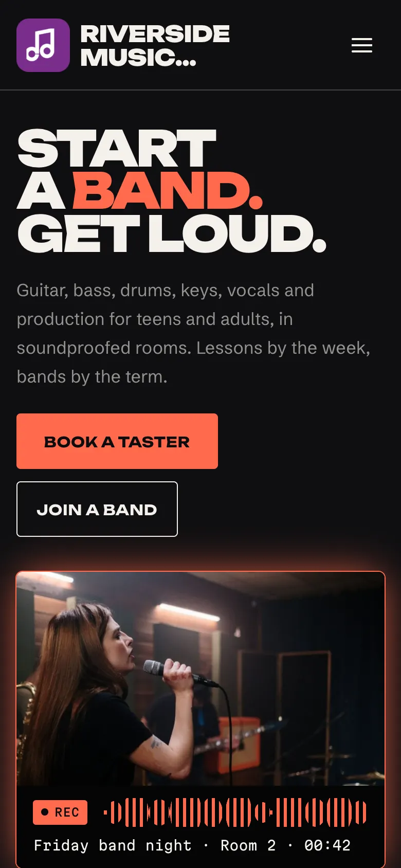 The sample Music home page on a phone, with the logo at the top left, a menu button at the top right, and the large heading below