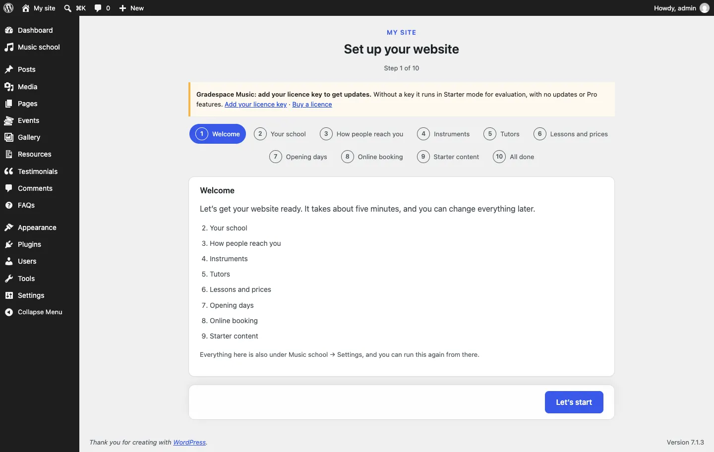 The setup wizard after the Gradespace Music plugin is activated, now with the kit's own steps in the bar, and the yellow notice "Gradespace Music: add your licence key to get updates" with links Add your licence key and Buy a licence