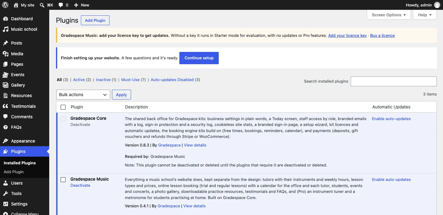 The Installed Plugins list showing Gradespace Music, "Requires: Gradespace Core", and Gradespace Core, "Required by: Gradespace Music", both active