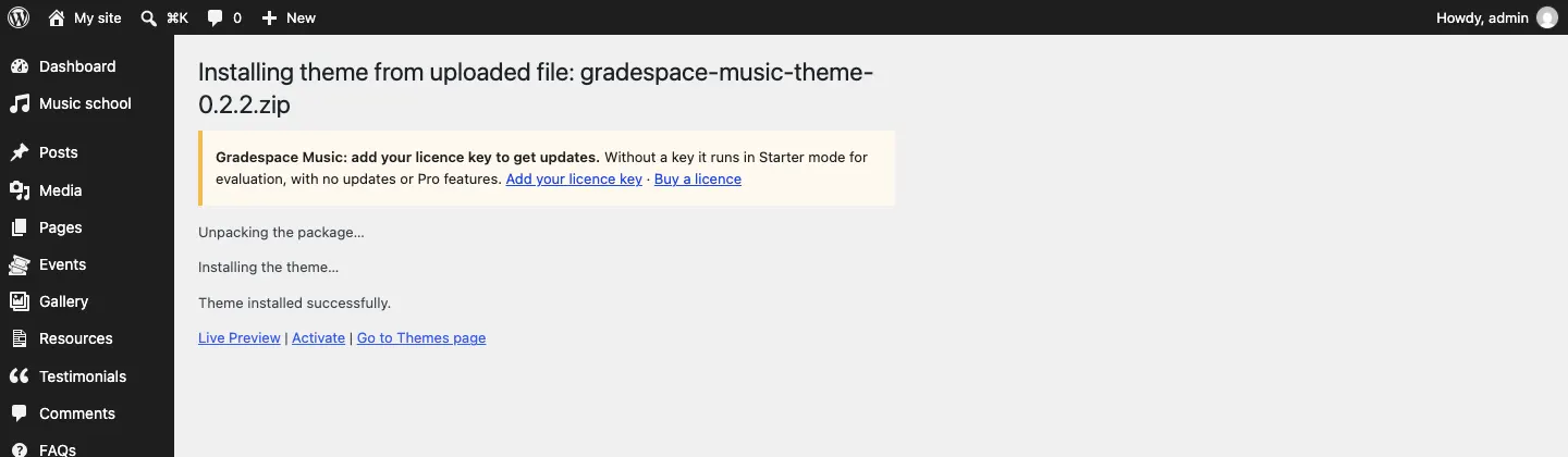 The message "Installing theme from uploaded file: gradespace-music-theme-….zip ... Theme installed successfully." with Live Preview, Activate and Go to Themes page links