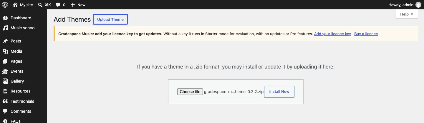 The Add Themes screen with the Upload Theme button pressed and the gradespace-music-theme .zip file chosen, with an Install Now button