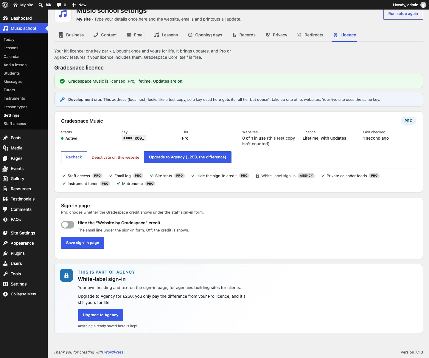 The Licence tab for Gradespace Clinic showing an active Pro licence with Recheck, Deactivate on this website and Upgrade to Agency (£250, the difference) buttons