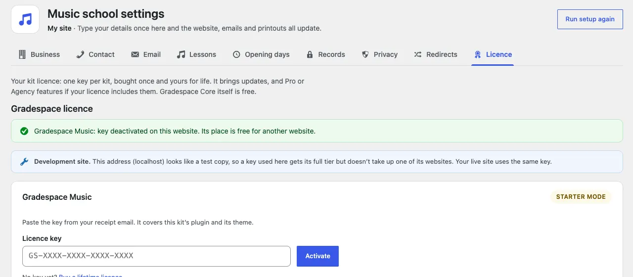 The green message "Gradespace Music: key deactivated on this website. Its place is free for another website." above the licence card, now back in Starter mode