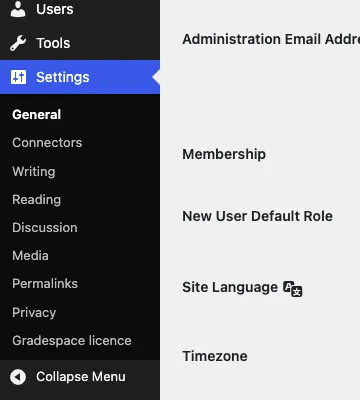 The WordPress Settings menu open, with Gradespace licence at the bottom of the list, under Privacy