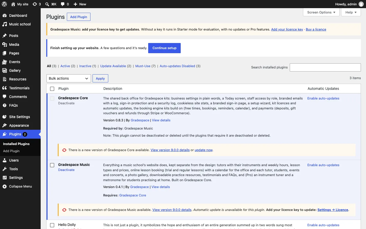 The Plugins screen without a licence key: under Gradespace Music, "There is a new version of Gradespace Music available. View version details. Automatic update is unavailable for this plugin. Add your licence key to update: Settings → Licence.", while Gradespace Core offers "update now"