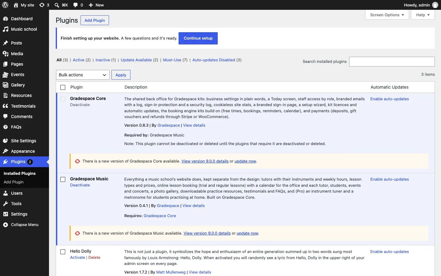 The Plugins screen with yellow lines under Gradespace Music and Gradespace Core: "There is a new version of Gradespace Music available. View version details or update now."