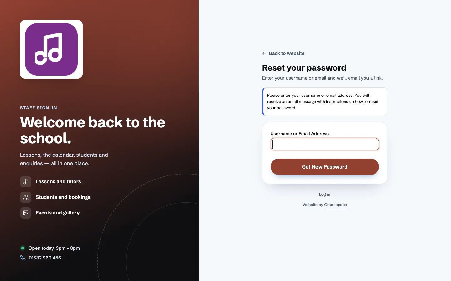 The Reset your password page: "Enter your username or email and we'll email you a link.", a Username or Email Address box, a Get New Password button and a Log in link