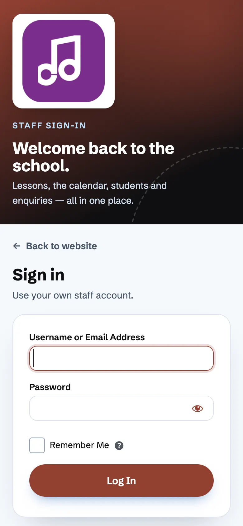 The staff sign-in page on a phone, with the logo and a short banner at the top and the sign-in form below