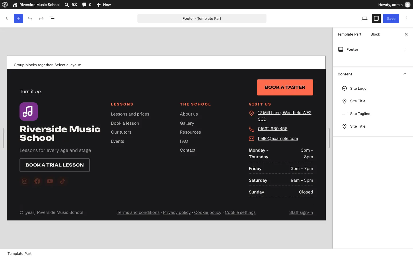 The Footer template part open in the editor, showing the logo, tagline, columns of links, the Visit us and Contact columns and the bottom line, with a Save button at the top right