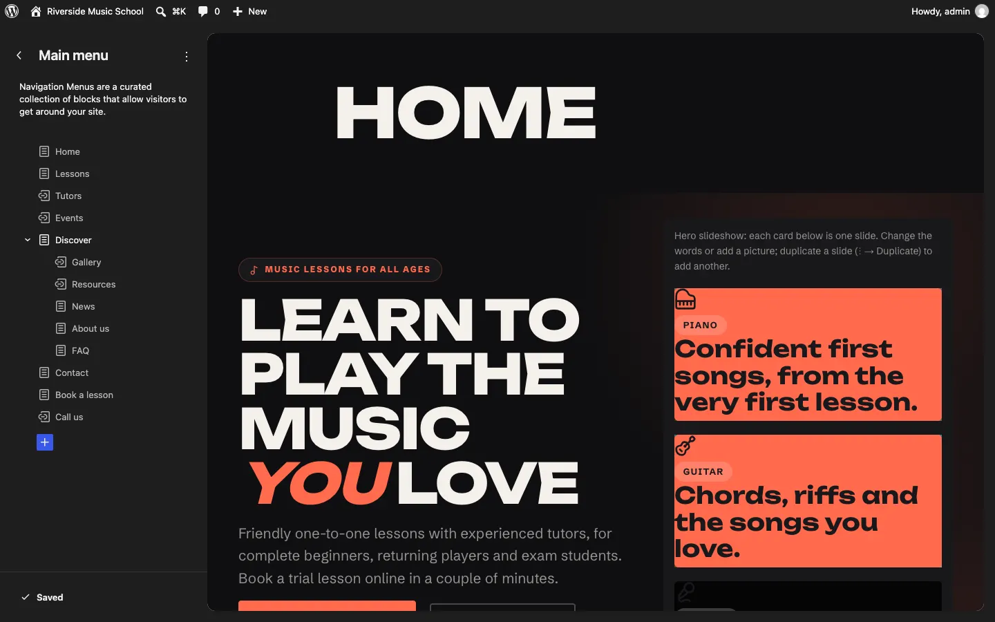 The Main menu panel in the Site Editor listing Home, Lessons, Tutors, Events, Discover, Gallery, Resources, News, About us, FAQ, Contact, Book a lesson and Call us, with a blue + button below to add a link, and the home page shown on the right