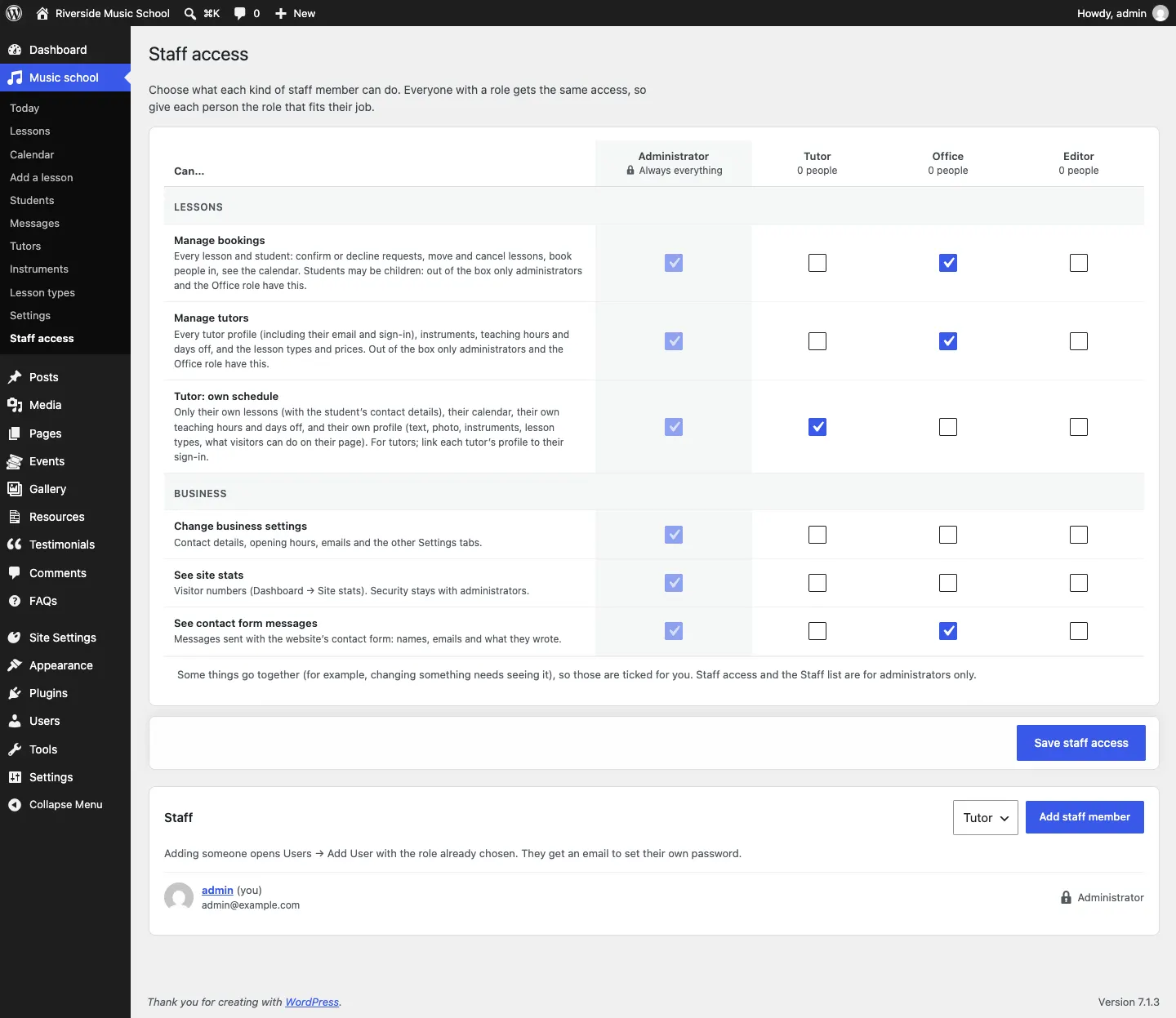 The Staff access grid for Music, with columns Administrator (Always everything), Tutor, Office and Editor, and rows of what each role can do, grouped by area, with Save staff access below and the Staff card at the bottom