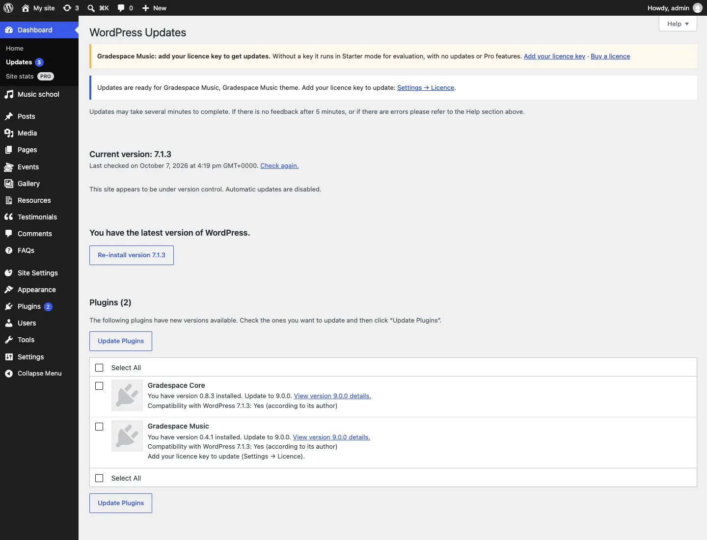 The Updates screen without a licence key, with the yellow notice "Gradespace Music: add your licence key to get updates.", the notice "Updates are ready for Gradespace Music, Gradespace Music theme. Add your licence key to update: Settings → Licence." and "Add your licence key to update (Settings → Licence)." under Gradespace Music