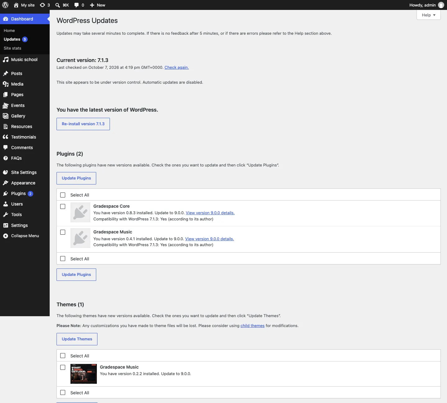 The WordPress Updates screen listing Gradespace Music and Gradespace Core under Plugins (2), each with "You have version … installed. Update to …" and a View details link, and the Gradespace Music theme under Themes (1), with Update Plugins and Update Themes buttons