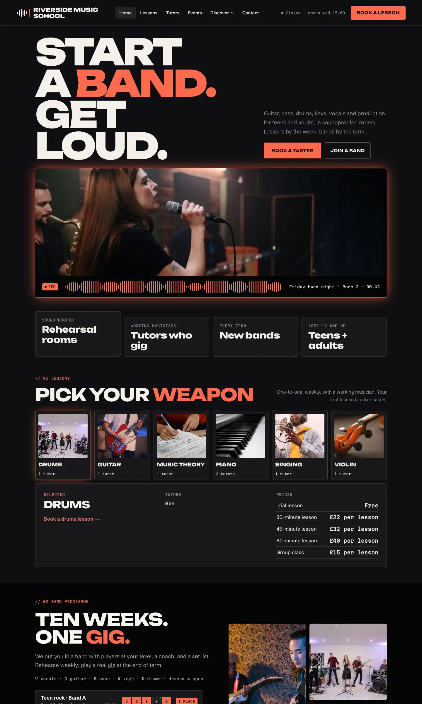 The Amp design's home page: black background, huge white capitals "Start a band. Get loud.", orange Book a taster and Join a band buttons, instrument cards and the lesson prices