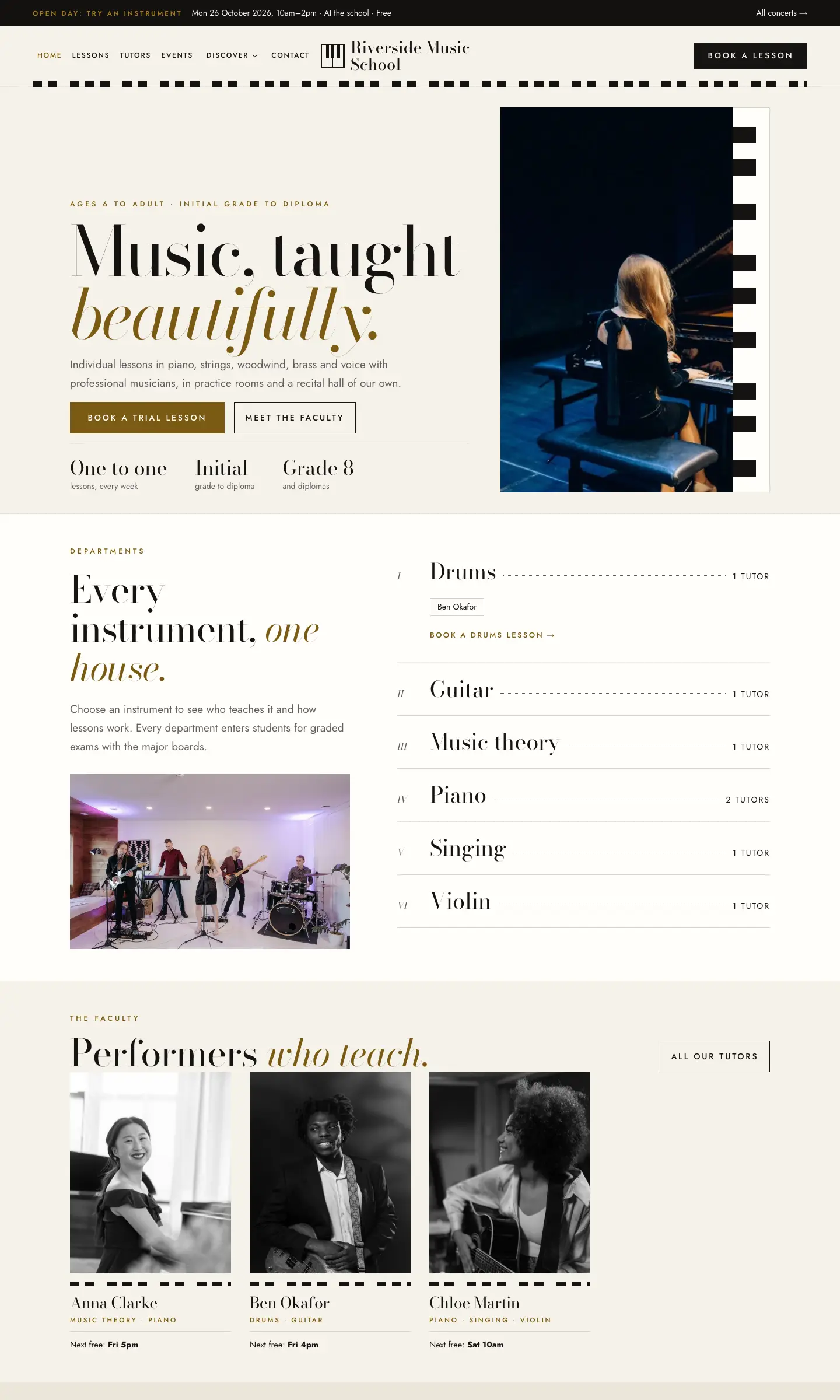 The Recital design's home page: a notice bar with the next open day, the heading "Music, taught beautifully" beside a photo of a pianist on stage, a list of departments (Drums, Guitar, Music theory, Piano, Singing, Violin) with tutor counts, and black and white tutor portraits with each tutor's next free time