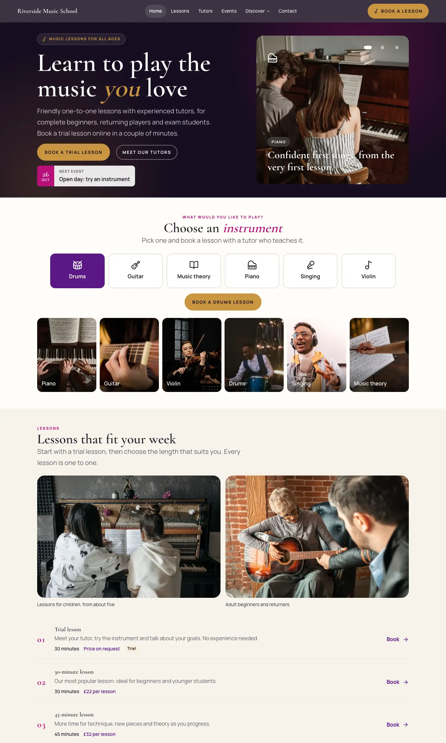 The Stage Lights design's home page: a dark purple hero with a gold Book a trial lesson button, then light sections with instrument buttons and numbered lessons with prices