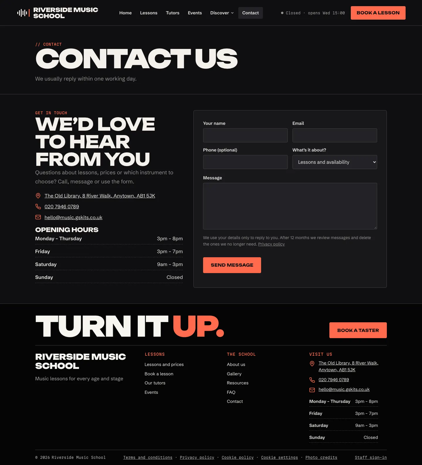 The Contact page in the Amp design: the school's address, phone, email and opening hours on the left, and the contact form on the right with Your name, Email, Phone (optional), What's it about? set to Lessons and availability, Message and a Send message button